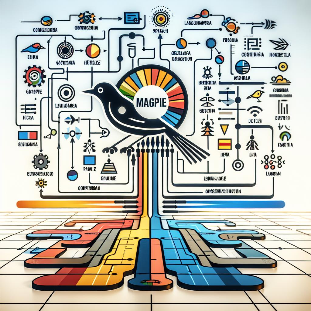 A conceptual image illustrating the Magpie technique in a corporate, vector-style, flat representation. The focus is on a flowchart that symbolizes the data flow from generation to usage for language model fine-tuning. Set in a 2D, linear perspective against a non-textured white backdrop. The chart contains vibrant colors symbolizing innovation and dynamism in technology. Also important are symbols representing different languages such as Spanish, French, Italian, and Dutch, indicating the linguistic diversity addressed by the technique.