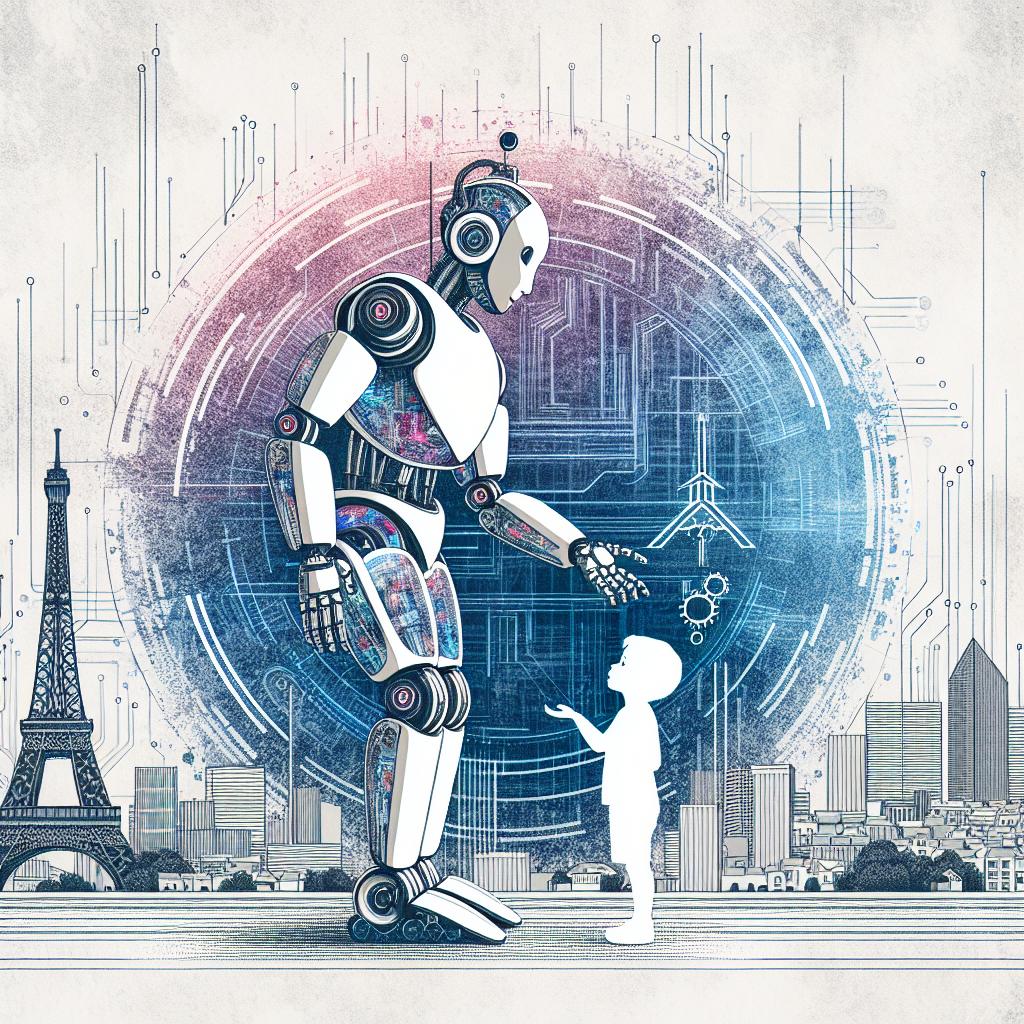 Create a corporate-style, vector and flat 2D image containing a futuristic, advanced AI robot interacting with a child of South Asian descent, symbolizing the technological innovation. The robot conveys a sense of technological advancement with futuristic colors. The image is set on a textured white background. In the background, place an iconic representation of the Eiffel Tower, indicating Mistral's location in France. In addition, portray a linear urban setting as a reflection of the tech-heavy environment that Mistral operates within.