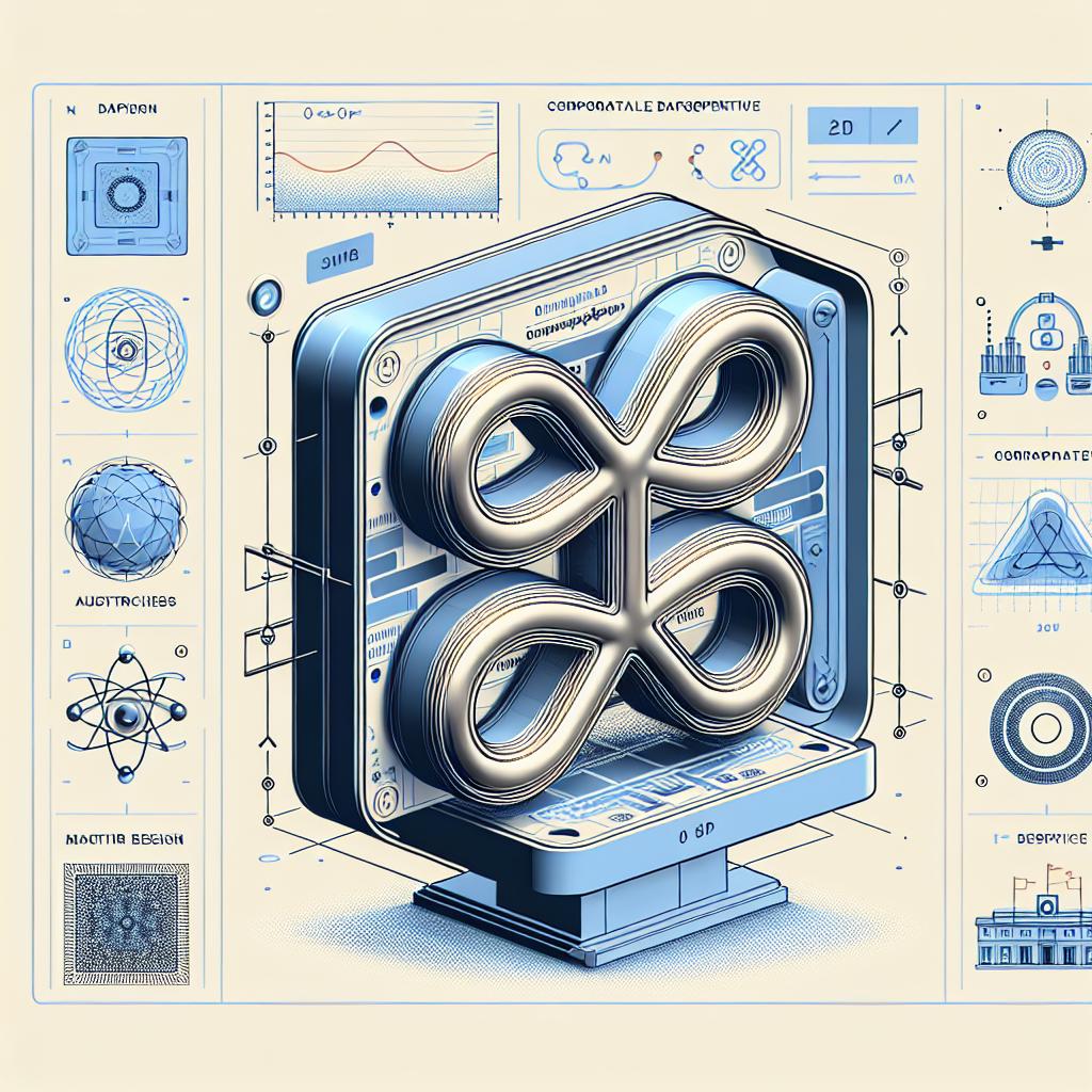 Create an image showcasing a graphic representation of a novel magnonic device developed by Austrian and Chinese researchers. Its design features upside-down loops, symbolic of its advanced design capabilities. The device is presented in a flat corporate, vector style. Set the scene in a 2D perspective and use a plain, white background to maintain a corporate feel. Additional elements should include omega-shaped loops representing the functionality of the magnonic device, and a futuristic background embodying technological innovation. The color scheme should be primarily blue and silver, colors commonly associated with technology and scientific advancement.