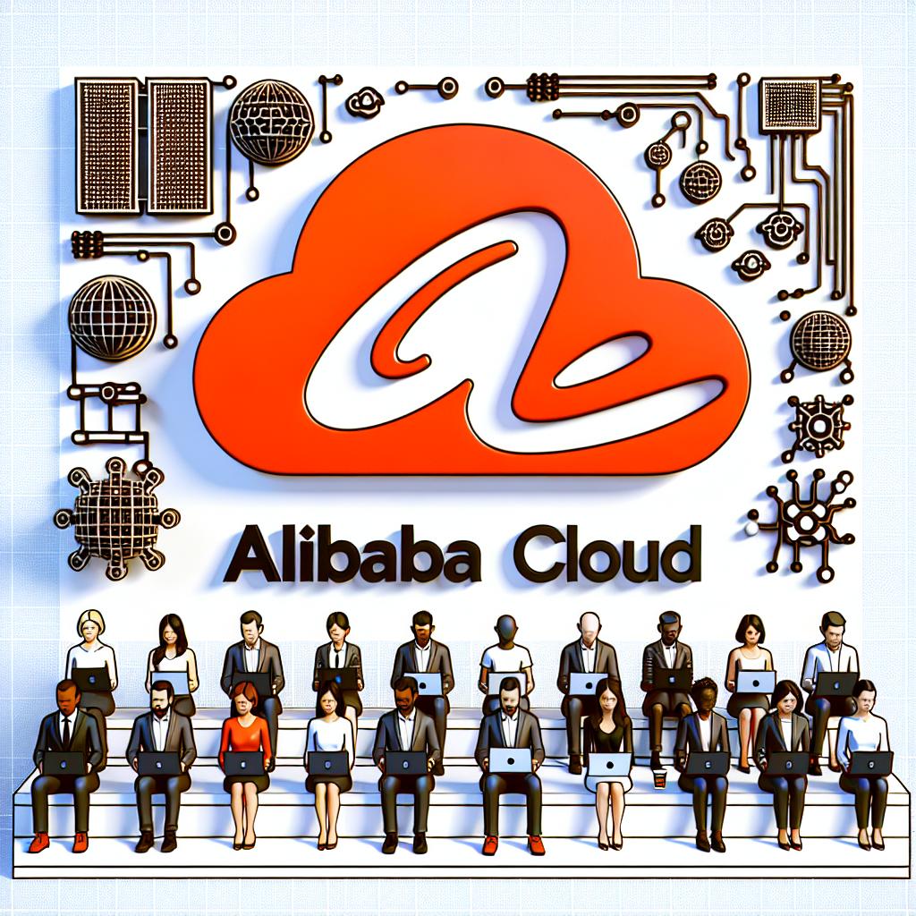 Create a 2D, linear perspective image using a flat, corporate and vector style. The background should be white and textureless. It illustrates the Alibaba Cloud announcement of the English version of their AI model hub, ModelScope, at the conference CVPR in Seattle, aiming to democratize access to generative AI capabilities for developers and businesses worldwide. The main focus should be on the symbol of Alibaba Cloud with a diverse group of developers interacting with the new version of ModelScope. These developers represent the global user community, each of them varying in gender and descent, including Hispanic, Caucasian, Black, Middle-Eastern, and South Asian developers. Also, include AI graphics to symbolize the technology and innovation, but avoid text within the image.