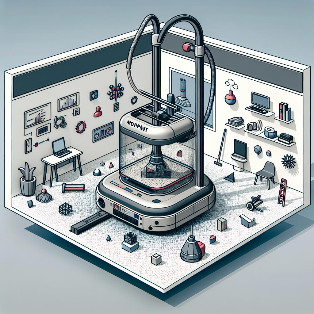 Imagine a 2D, vector styled image in a flat, corporate style. On a plain, textureless white background, we see a representation of innovation and automation in our daily lives. In the center, the focus is on MobiPrint, an innovative 3D mobile printer built on a modified robot vacuum that signifies automation. This 3D printer is printing directly onto a floor surface, showcasing its unique and innovative features, demonstrating its capacity to produce objects in real-time. Additional elements include the indoor environment, representing MobiPrint's actual context of use, and printed objects, demonstrating examples of what the printer can potentially produce.
