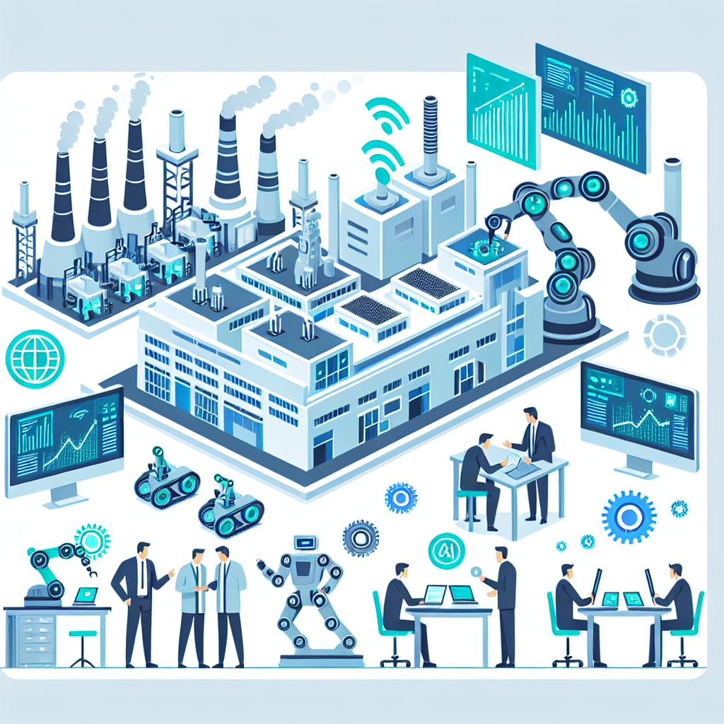 An image that encapsulates the fusion of artificial intelligence with modern-day factories, showcasing machines and designers synergistically collaborating in a production environment. The style should be flat and corporate, following a 2D, linear perspective on a plain white background. It should contain the following elements: Robotic machines illustrating automation in the manufacturing process, engineers in discussion signifying the union between technology and design, and large screens displaying AI charts showing relevant data and optimized processes.