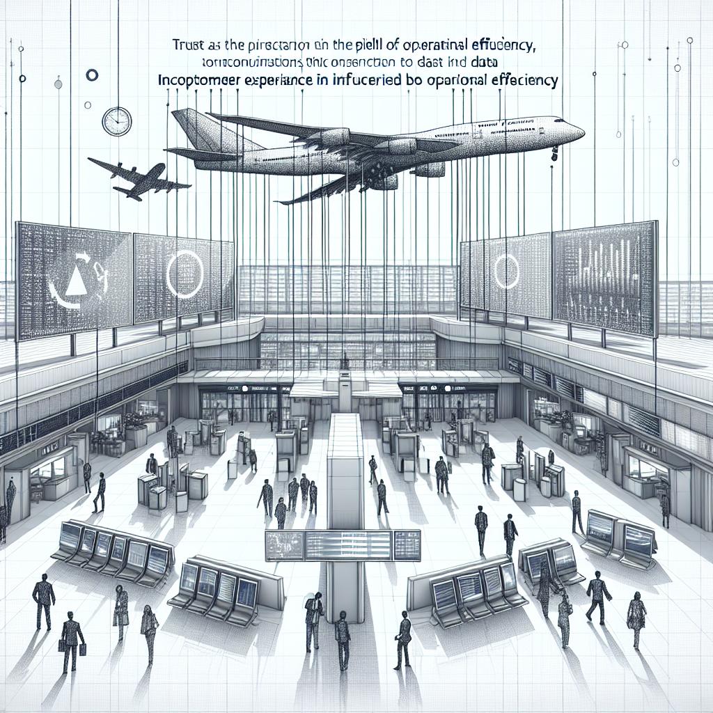 Create a 2D, linear perspective image characterized by a vector, flat, and corporate style that signifies trust as the pillar of operational efficiency. Depict a modern airport scene on a white, texture-less background, emphasizing the interconnection between technology and operational efficiency. Integrate elements of airplanes, representing the aviation sector which relies on data to optimize operations. Include passengers of diverse descents and genders, interacting with data-based services, symbolizing customer experience informed by trust in data. Incorporated real-time digital panels display information, underlining the significance of data analysis.