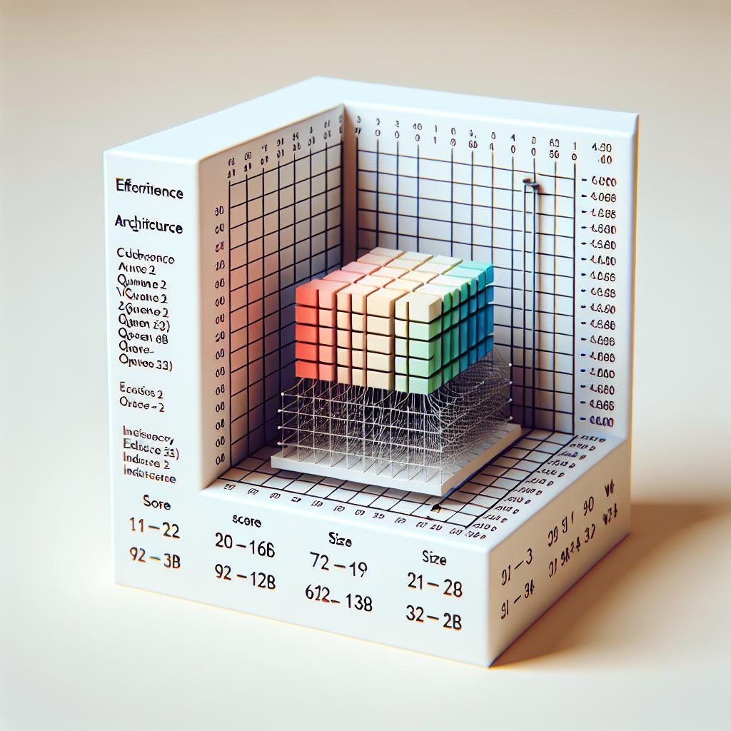 Create an image in a flat, corporate style featuring a three-dimensional (3D) visualization of language model performances. Situated on a plain white, textureless background, the representation should be presented from a two-dimensional (2D), linear perspective. The visualization should reflect clear differences in efficiency between the various architectures tested, each represented by distinct colors. An X, Y, and Z-axis should be visible, standing for the score, size, and efficiency of the models, respectively. The models under evaluation include three variants of Phi-4, Qwen2 VL 72B Instruct, and Aya Expanse 32B.