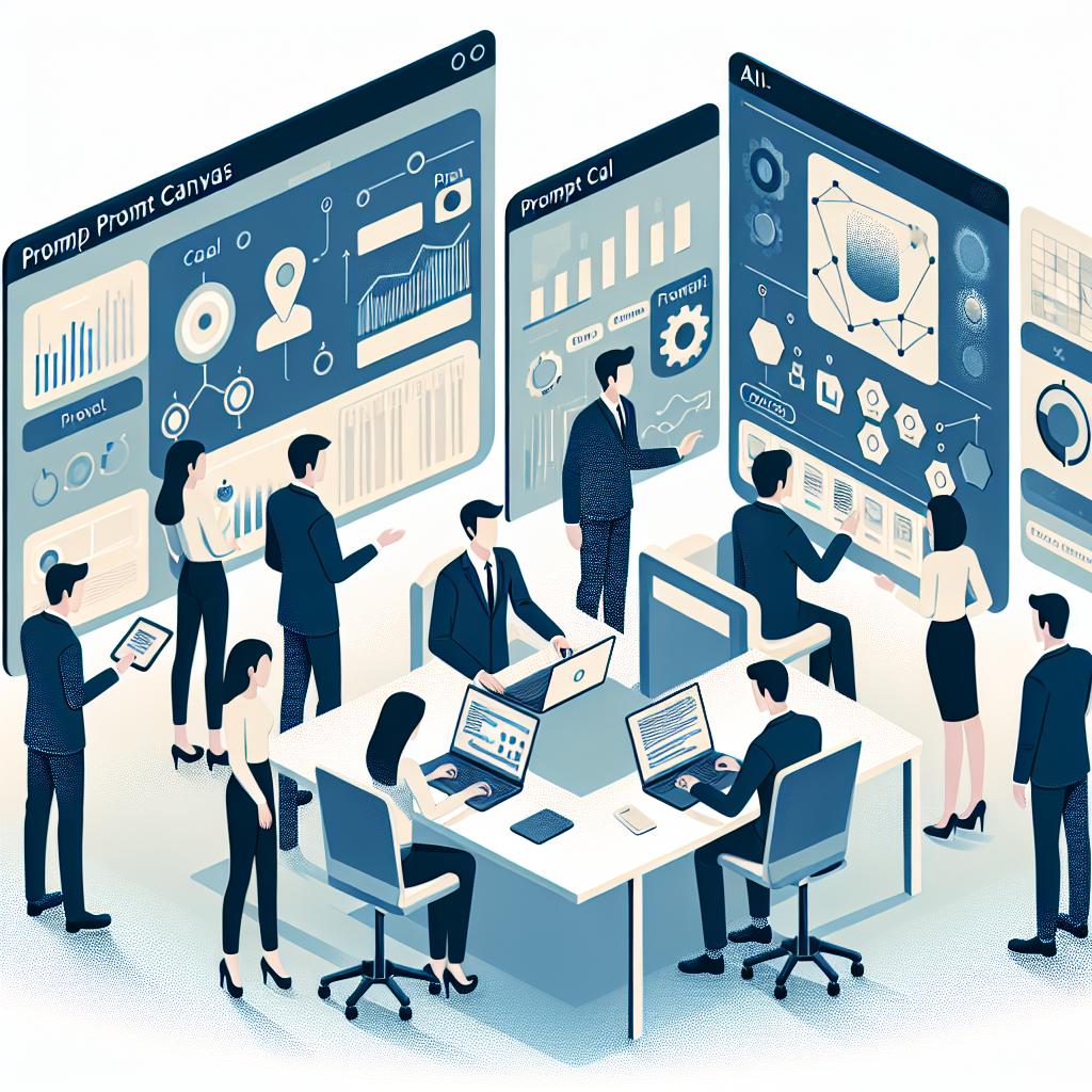 A 2D, vector-styled, flat corporate scene set in a modern office environment. The image takes place on November 12, 2024, the day the innovative tool called 'Prompt Canvas' was announced. This tool is meant to ease the development of AI prompts, enabling better collaboration between developers and LLM agents. Display several developers of varying genders and descents, cooperating in this technological atmosphere. They are using the 'Prompt Canvas' to create effective prompts. Key elements in the scene include a laptop, which signifies the main work tool of the developers, along with charts and diagrams which symbolise data processing and results analysis. The background is white, textureless.