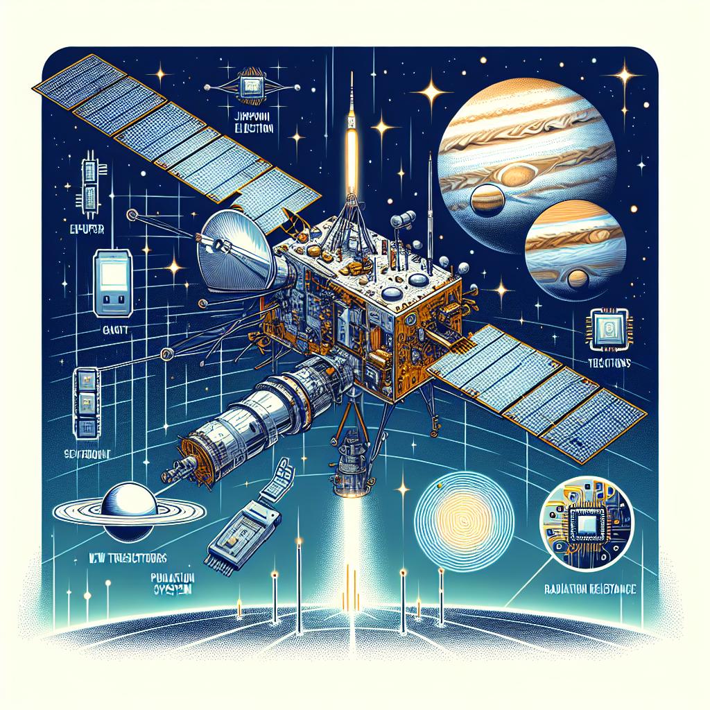 Create a vector-style, corporate, and flat image representing a significant achievement in space electronics. The image is composed around the launch of NASA's largest spacecraft for planetary missions, the Europa Clipper, overcoming critical challenges related to the operation of transistors under Jupiter's extreme radiation, in an effort to study the possibilities of life on Europa. The spacecraft, in orbit around Europa, is featured prominently with focus on new transistors and radiation resistance systems. The 2D, linear perspective composition unfolds on a texture-less white background. Additional elements include an interstellar setting to contextualize the space mission, illustrated transistors signifying technological innovations, light representing photonic systems symbolizing efficient data transmission, and planets and stars in the backdrop, pointing to the exploration of the universe.