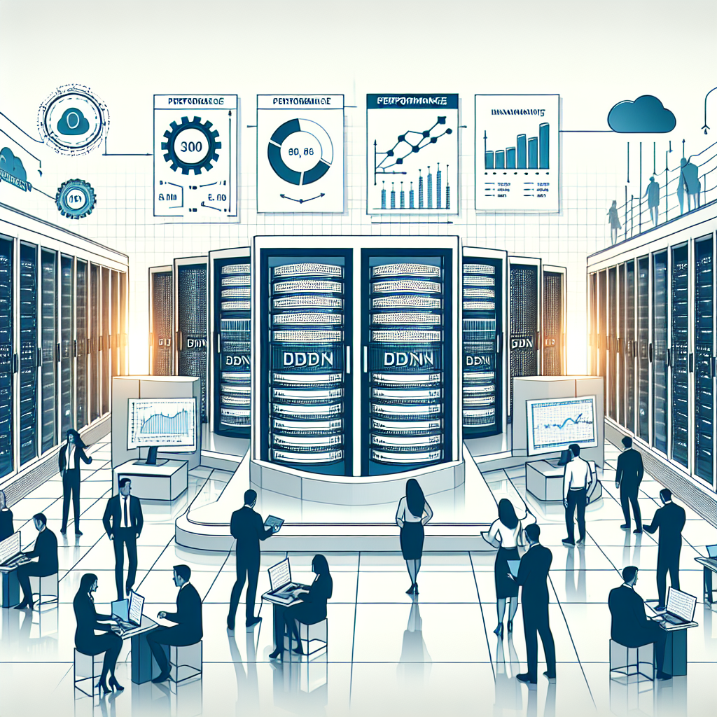 Create a 2D, linear perspective image in a vector, corporate style. Illustrate a modern data center environment. In the foreground, showcase DDN servers that symbolize cutting-edge technology. Have performance graphs displayed on screens which will represent the impressive benchmark results. Include professionals of different genders and descents who are in action, emphasizing data analysis and collaboration. The setting of the image should communicate innovation and efficiency in artificial intelligence. The image's background should be white and without texture.