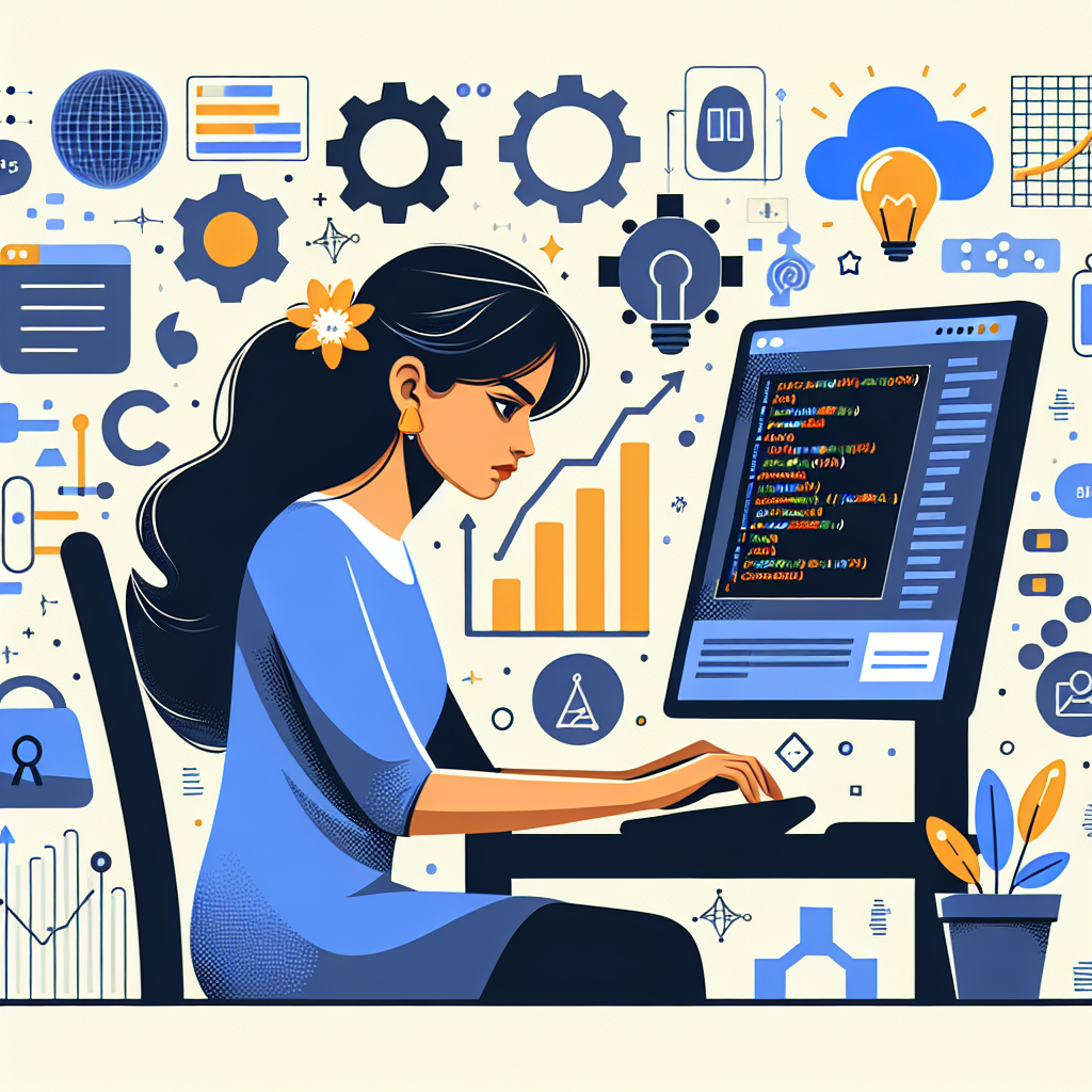 Create a 2D, vector-style corporate-themed illustration set against a plain, untextured white background. Picture a South Asian female developer engrossed in her work at a computer, surrounded by graphics and icons that symbolize data and cloud storage. Characters of coding may also be seen on her computer screen to illustrate the ease of using the new feature. Additionally, incorporate elements in the background that hint at artificial intelligence technology and data integration. These elements could include growing graphs that signal cost efficiency and a high-tech backdrop that implies an environment of innovation and development.