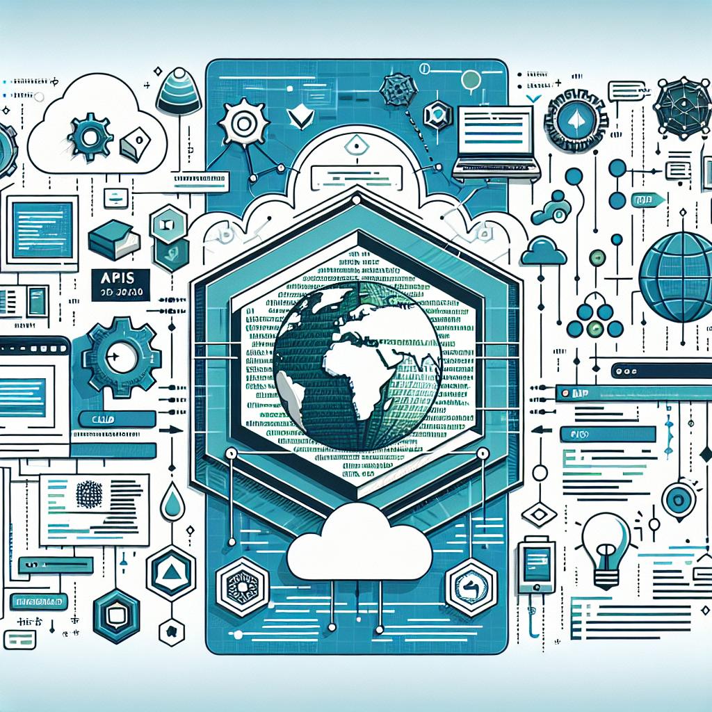 Create a detailed vector-style, flat, corporate-style image with a 2D linear perspective. The image's backdrop should be a plain, textureless white background. The foreground must feature an interface of programming with notable lines of code visually representing technological advancement. Incorporate a color palette of shades of blue and green, symbolising innovation and technology. Include representative icons of APIs, cloud, and connectivity stressed in the background. Additional elements include cloud icons to represent the connectivity of the APIs, lines of code to symbolize development and programming, and the use of blue and green colors to represent innovation and technology.