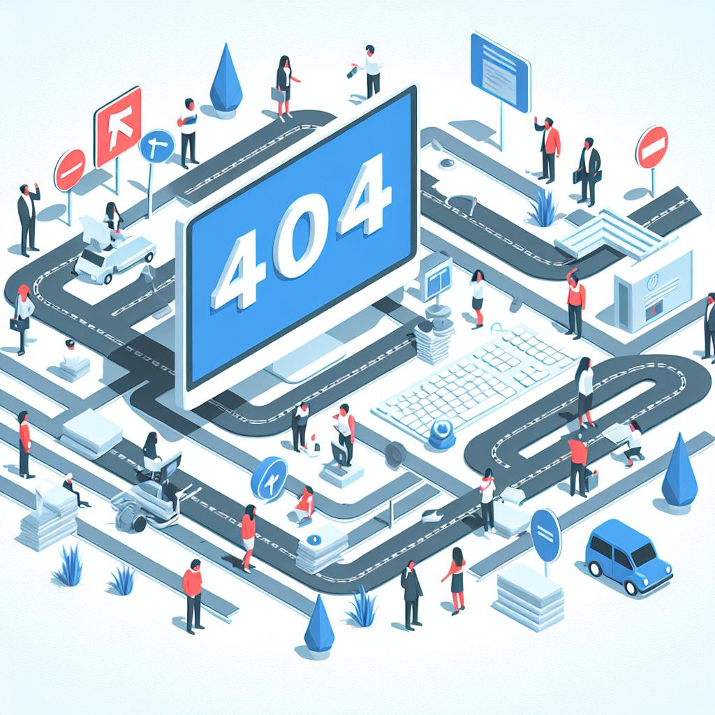Create a 2D vector image with a flat, corporate style. The background should be white and textureless. The image should feature a 404 error symbol, emphasizing a navigation failure on a website. Around this symbol, create several users showing confusion and frustration as they gather around a computer, showcasing the impact of content unavailability. Include visual elements of roads and signs, suggesting alternative navigation options. Use cold color tones to convey a sense of confusion and frustration.