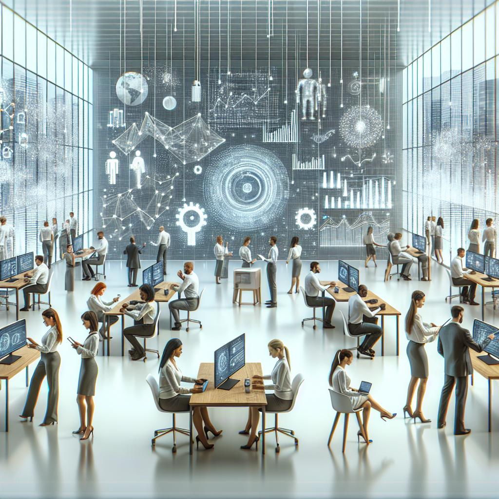 Create an image in 2D linear perspective that depicts a modern, corporate scene with a white, textureless background. This image should showcase a digital illustration of diverse consultants, of various genders and descents, actively using Generative Artificial Intelligence technology in a contemporary office environment. They are engaged with interactive screens displaying real-time graphs and data. This scene is meant to portray the consultants enhancing their performance by up to 49% in complex data science tasks, offering a new outlook on the capabilities of knowledge workers. The elements like the interactive screens represent real-time use of GenAI, the modern setting symbolizes innovation in the workplace, and the focused consultants illustrate the application of new skills.