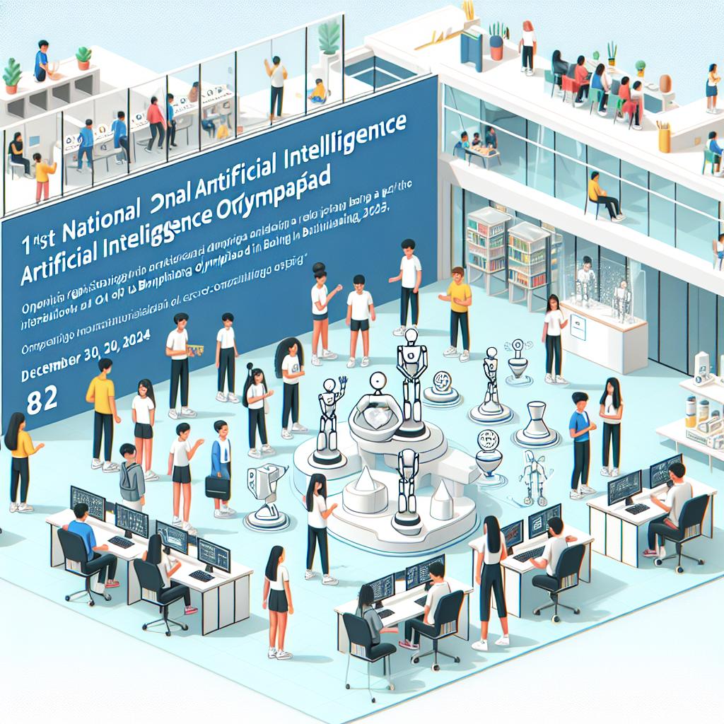 Visualize an image wherein students belonging to diverse descents and genders interact with artificial intelligence technology in a school environment. The scene stems from an event description: The 1st National Artificial Intelligence Olympiad opening its registrations until December 30, 2024. This opportunity allows students and enthusiasts to make their mark in the field and possibly be a part of the Brazilian team at the International AI Olympiad in Beijing, 2025. The image should showcase students learning and innovating, symbolizing the central theme of the Olympiad. Various elements like awards should be visible to encourage competition. Lastly, the setting should have a scholastic backdrop to create a connection with the educational environment. The image style is corporate, flat and vector, with a white and textureless background in 2D, Linear perspective.