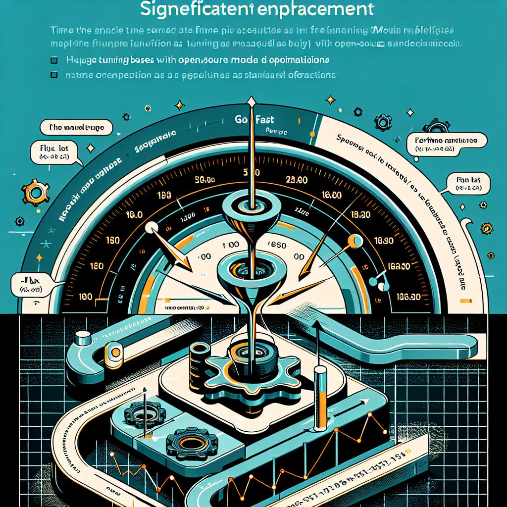 The image describes a significant enhancement in the Replicate platform, enabling users to fine-tune the FLUX model at a more rapid pace with open-source optimizations. It captures the evolution of model bases, making the tuning process as speedy as the model's standard execution. The image involves an illustrative graph indicating the increased speed of FLUX models, presenting time comparisons in seconds for different resolutions and steps. The style is Vector, Flat, and Corporate, with a plain white background and without any texture. The perspective is 2D and linear. Additional elements are a speedometer indicating the fine-tuning speed compared to the standard run, logos of FLUX, Hugging Face, and Civitai models representing their integration, bar or line graphs demonstrating performance improvement over time, and a piece of code at the bottom exemplifying the configuration set as go_fast=true.