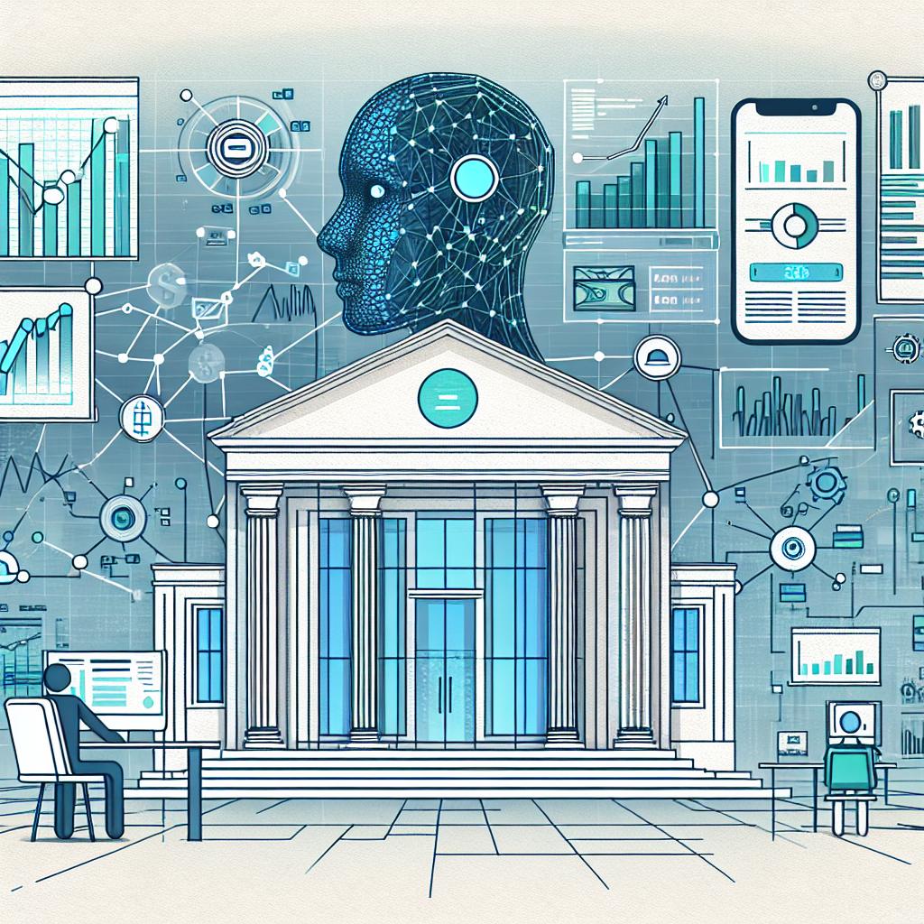Create a 2D linear perspective image in a vectorial, flat, and corporate style, with a textureless white background. The image represents a modern bank utilizing artificial intelligence; envision graphs and data flowing between various digital interfaces, illustrating the use of financial data. Also include an interface of an application, denoting the interaction between AI agents and clientele. The color palette should mainly consist of hues of blue and green, conveying ideas of advanced technology and trust.