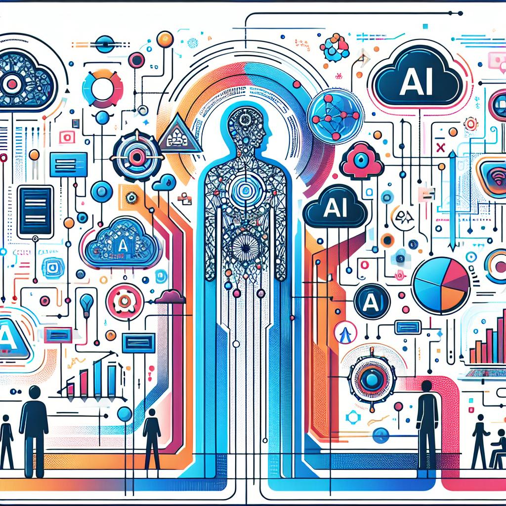 Create a vibrant, flat, and corporate-style illustration that demonstrates the future of AI technology. The image should be in a 2D linear perspective with a clean, white and untextured background. It should show different AI systems interacting with data flowing between them, representing an advanced technology. There should also be symbols denoting AI, interactive graphics illustrating the convergence of data, and there should be a representation of a community in dialogue as well, symbolizing user interaction. The use of vibrant colors is required to convey innovation and creativity.