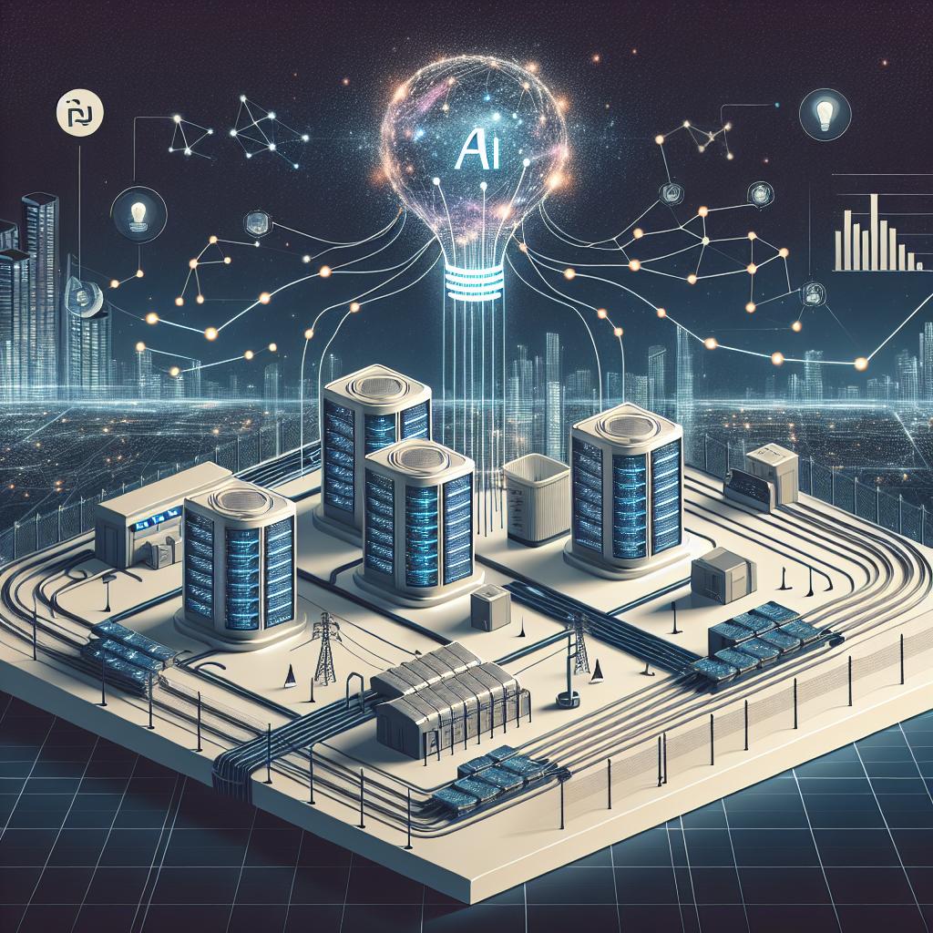 An image in vector, flat, and corporate style featuring a futuristic concept of artificial intelligence infrastructure. This scene depicts data centers as the foundation of AI infrastructure, symbolizing a crucial role in the envisioned future. Included are energy pathways, which serve as connections between technology and power, presented in 2D linear perspective on a white and textureless background. A starry sky is visible overhead, reflecting the project's ambitious innovative future. Additionally, financial graphs are seen indicating the investment and financing aspect of the venture.