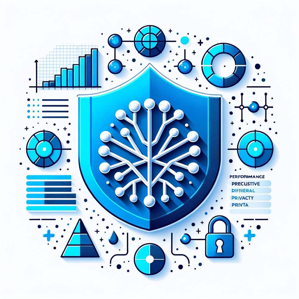 Create a 2D, flat, corporate-style image in blue and white palette on a white, texture-less background. The image should visually represent high precision differential privacy advancements in image classification. Include a vector interpretation of a deep learning neural network model symbolizing the technology used, protective padlock and privacy icons to symbolize data protection. Illustrate performance improvement by including precision graphs. Lastly, include a generic logo that could represent an organization behind the research, without directly referencing DeepMind. The color palette should effectively communicate trust and clarity.