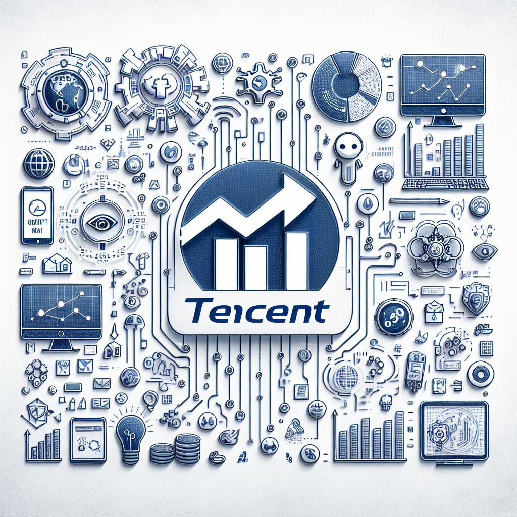 Create a 2D, flat corporate-style vector illustration that represents Tencent as a leader in the technology and gaming industries. The image should have a clean, textureless white background and emphasize financial growth and the integration of artificial intelligence. Include elements such as growth charts, to represent the increase in revenue and profits, icons of gaming, elements of e-commerce to visualize the company's expansion strategy into e-commerce, and symbols of AI to spotlight the integration of artificial intelligence.