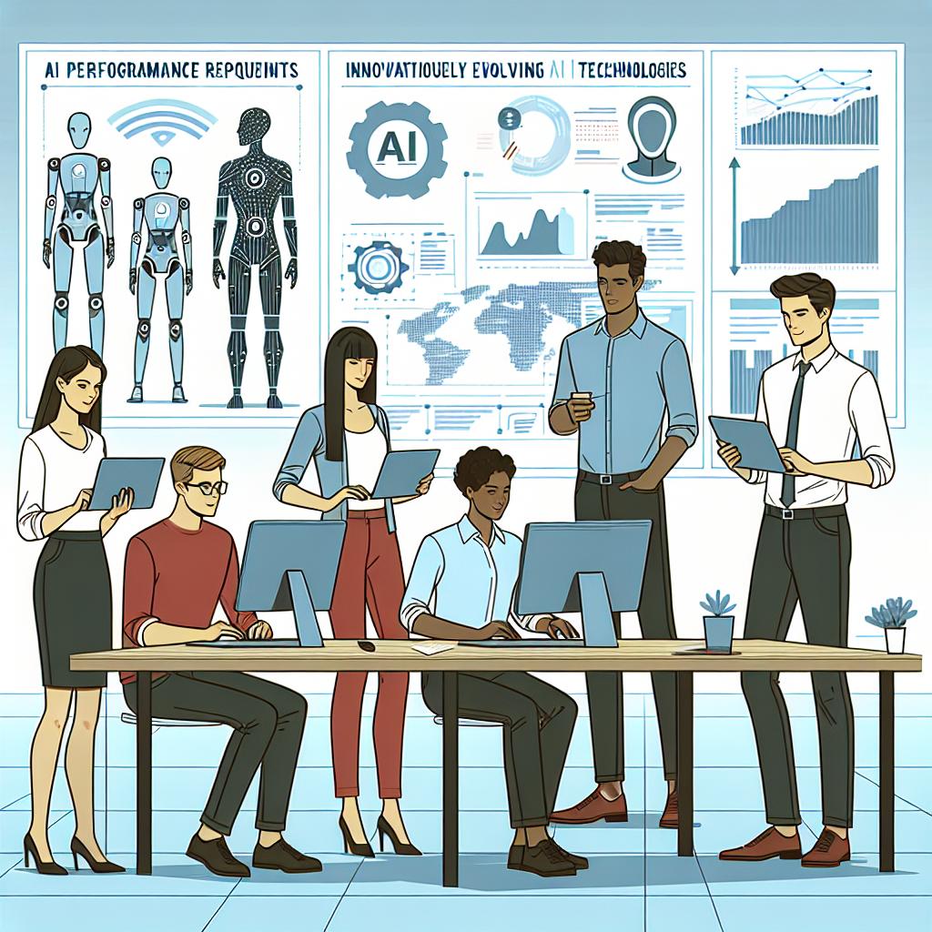 Depict a diverse team of engineers, including Caucasian female, Hispanic male, Black female, and South Asian male, situated in a modern workspace and innovatively evolving new AI technologies. They are interacting with various computational devices that symbolize a cutting-edge tech environment. AI performance charts and programming requirements form part of the background exhibits, demonstrating the success of new models and tech-coding requisites. Render the drawing with the aesthetic of flat, corporate vector style on a simple, white, and non-textured background. Create a 2D linear perspective for the composition.