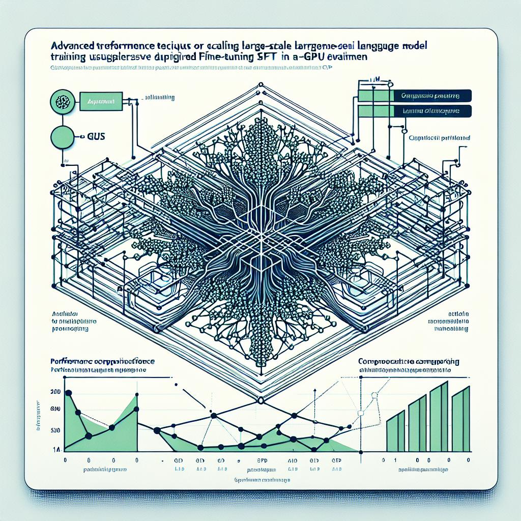 Create a 2D, linear perspective image in a corporate, flat, vector style on a white, untextured background. The illustration should display a functioning neural network, symbolizing the backbone of artificial intelligence, with multiple GPUs highlighting the importance of hardware in AI training. Interconnecting lines should represent the complex interconnection between devices. Also, include performance comparison charts to illustrate model performance in the context of advanced techniques for scaling large-scale language model (LLM) training using Supervised Fine-Tuning (SFT) in a multi-GPU environment.