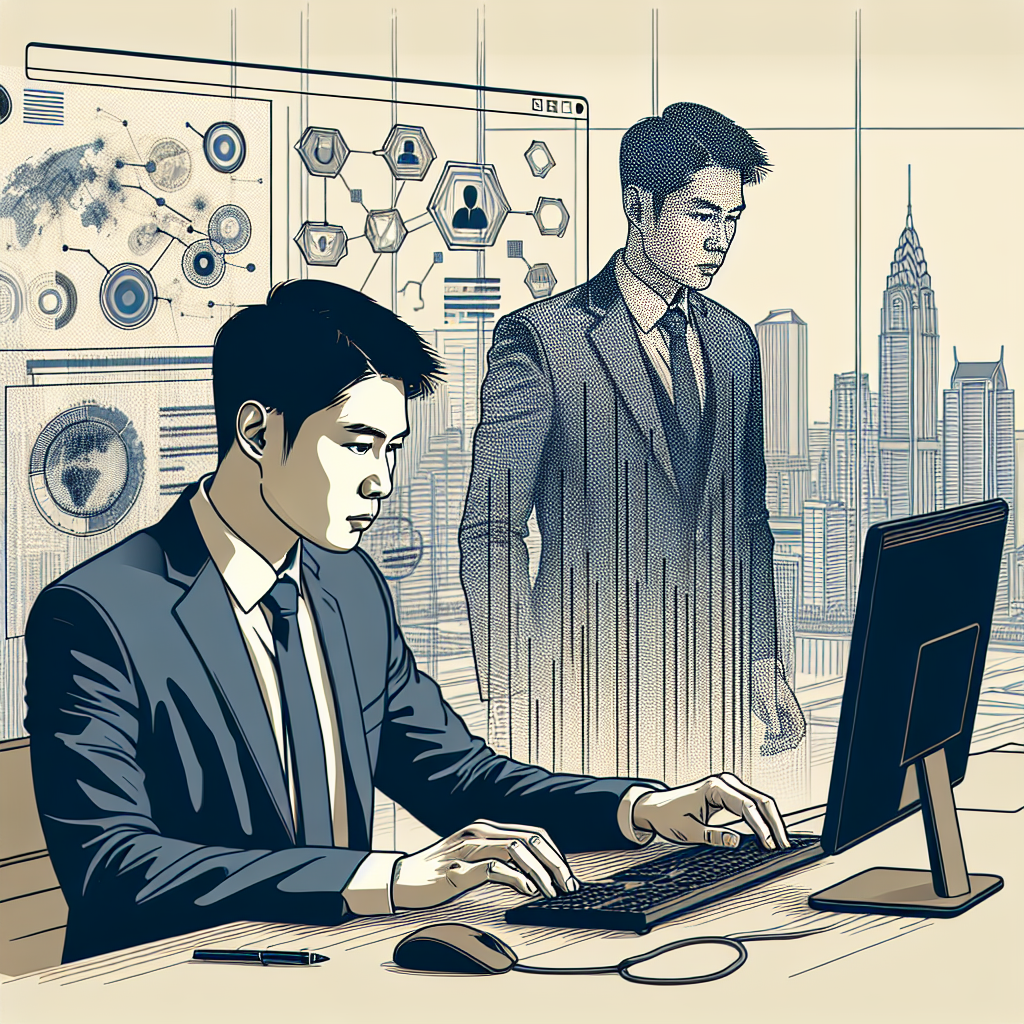 Create a 2D, vector-style image drawn from a linear perspective. The setting is a modern, corporate law office with a plain white, texture-free background. In this setting, we see a focused attorney of Asian descent, illustrated to convey a sense of concentration on efficiency and innovation. The lawyer is using a computer, a symbol of modern technology applied to the legal field. There are also graphics and data in the background, representing the analysis and insights generated by AI. The color scheme is sober to reflect the seriousness and professionalism of the legal sector.