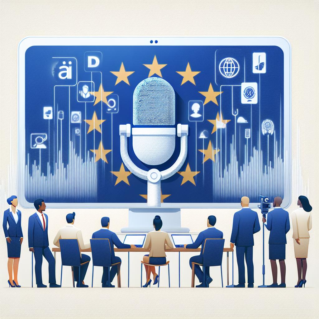 Create a 2D, vector-style, corporate image on a white, texture-less background. The main focus of this image is to illustrate the appeal of Artificial Intelligence voice-dubbing technology in press conferences. Picture a professional setting with a computer showcasing the AI technology and a microphone, both symbolizing communication enhancement. In the background, include the EU flag, signifying the unity among the member states. Around the scene, depict people of different descents including Caucasian, Black, Hispanic, and Middle Eastern to reflect the inclusive nature of the European Union.