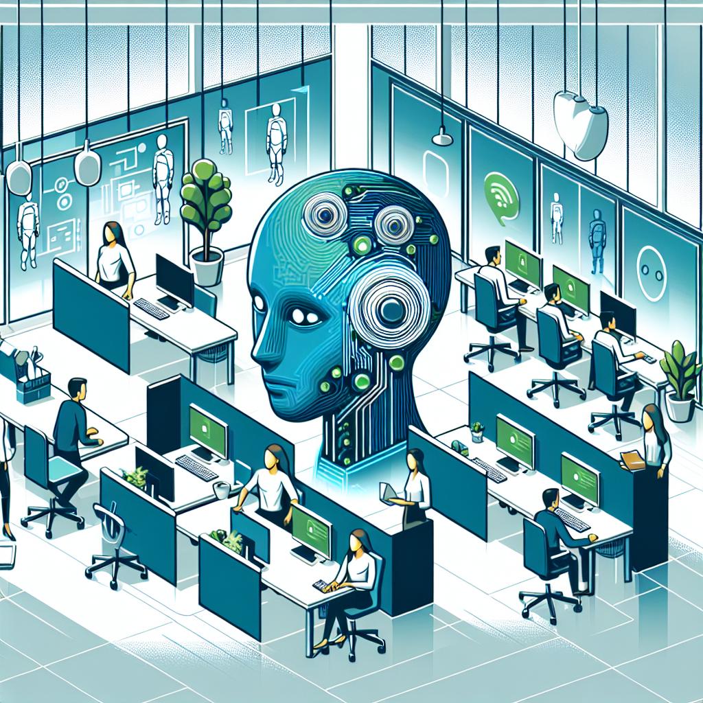 Create a 2D, flat, corporate-style illustration that captures the essence of a innovative British startup known as Fern Labs - founded by former engineers. The picture should depict multiple artificial intelligence agents working together in a modern, technologically-advanced office environment. The artificial intelligence agents represent innovation and collaboration, while the office environment showcases the practical application of the technologies. Use modern colors such as blue, green, and grey to convey a sense of modernity and innovation. The backdrop of the image should be smooth and white.