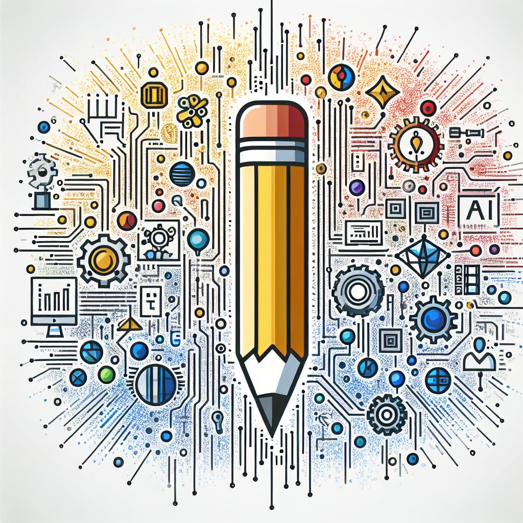 Create a 2D, linear perspective image in a vectorial, flat, and corporate style. The image should feature a white, untextured background to denote professionalism and seriousness. In the center, portray a pencil symbolizing the creation of a blueprint, radiating multiple colors to signify inclusion and diversity. Icons of technology integrated into the design could be cogs, circuit patterns, binary code, or recognizable symbols of AI – all suggesting the presence of AI. The overall feel of the image should convey the pivotal role of AI in economic growth and the importance of ethical distribution of its benefits.