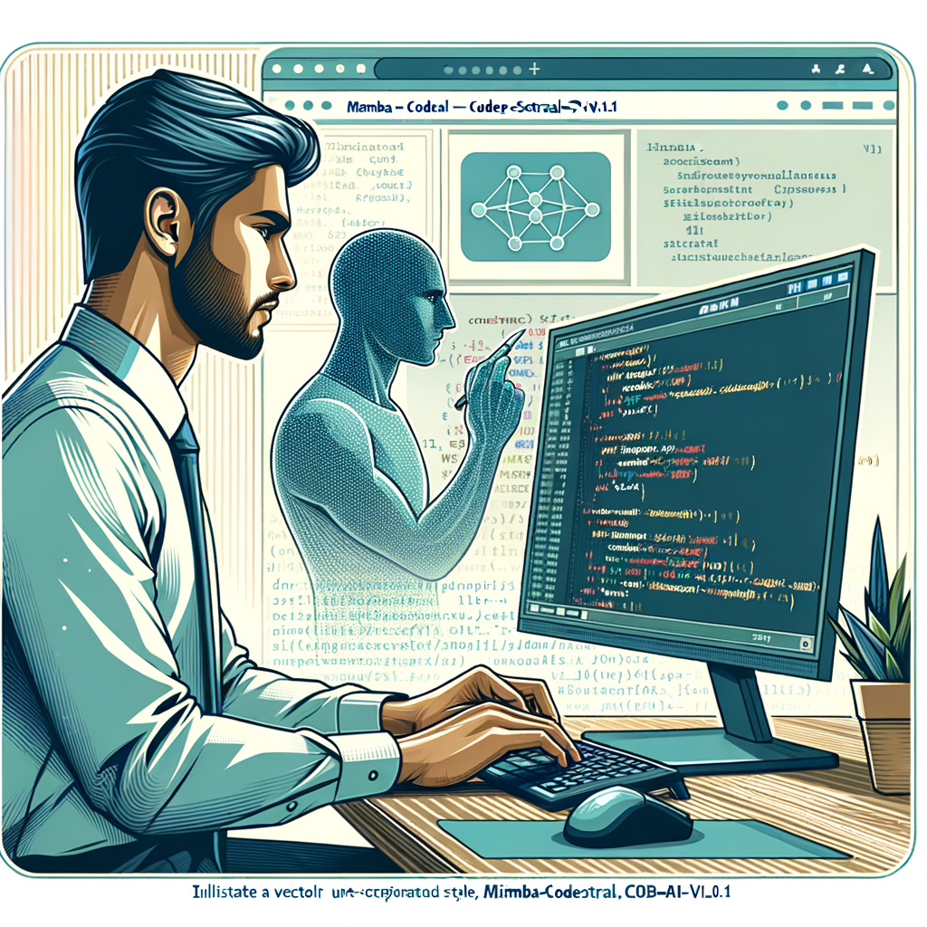 Illustrate an image in a vector, flat, corporate style. Depict a Middle-Eastern male software developer intently working in a programming environment. The scene is set against a white, untextured background, with a perspective that's 2D and linear. In the background, show icons symbolizing artificial intelligence and code generation. The image includes a computer screen displaying code, symbolizing the function of the Mamba-Codestral-7B-v0.1 model. Incorporate a color palette of blues and greens, reflecting themes of technology and innovation. Lastly, include the Mistral AI logo to identify the company developing this model.