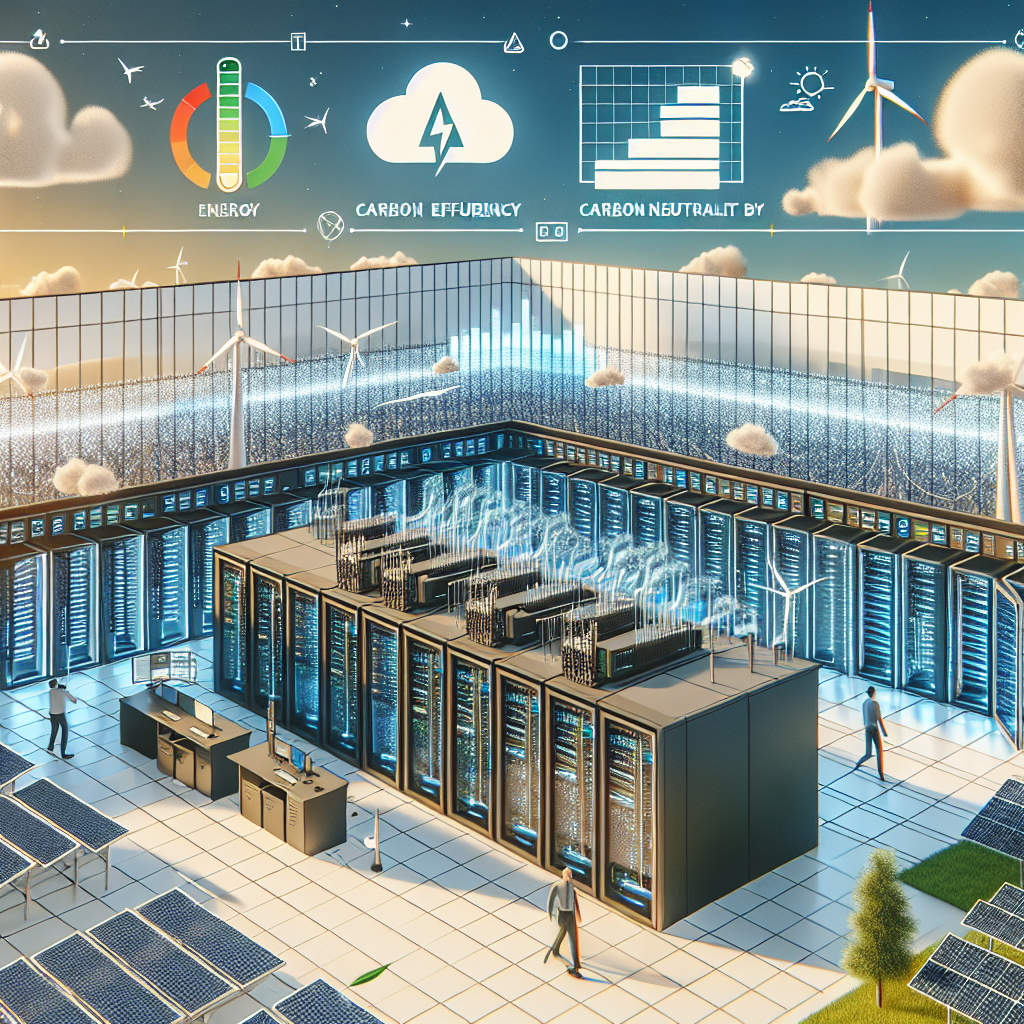 Visualize this scenario in a 2D, flat, corporate style, and linear perspective: a modern, carbon-neutral data center bustling with servers in operation and featuring innovative cooling techniques such as liquid cooling. The centerpiece of the illustration would be a dynamic display of energy efficiency charts, highlighting the improvements made in such metrics. Giving a nod to renewable energy, solar panels and wind turbines adorn the background. Rather than including the specific logo, there should be a generic company logo symbolizing that the corporation is committed to sustainability and carbon neutrality by 2030.