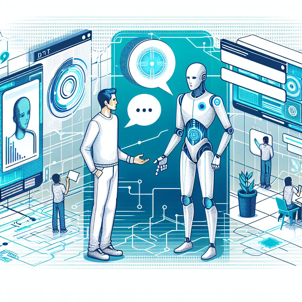 Create a 2D, vector-style image on a white, textureless background. The scene should depict a future-oriented setting with technological elements to symbolize technological advancement. In the setting, illustrate a human being and a digital avatar, interacting, with the latter being emblematic of a personality replica. Add dialogue balloons to demonstrate the interaction between the human and the artificial intelligence. Use cool colors throughout the image to convey an advanced, technological feeling. Please refrain from directly replicating any individual's appearance: the focus of the image should be the concept of a generic human and their digital doppelgänger.