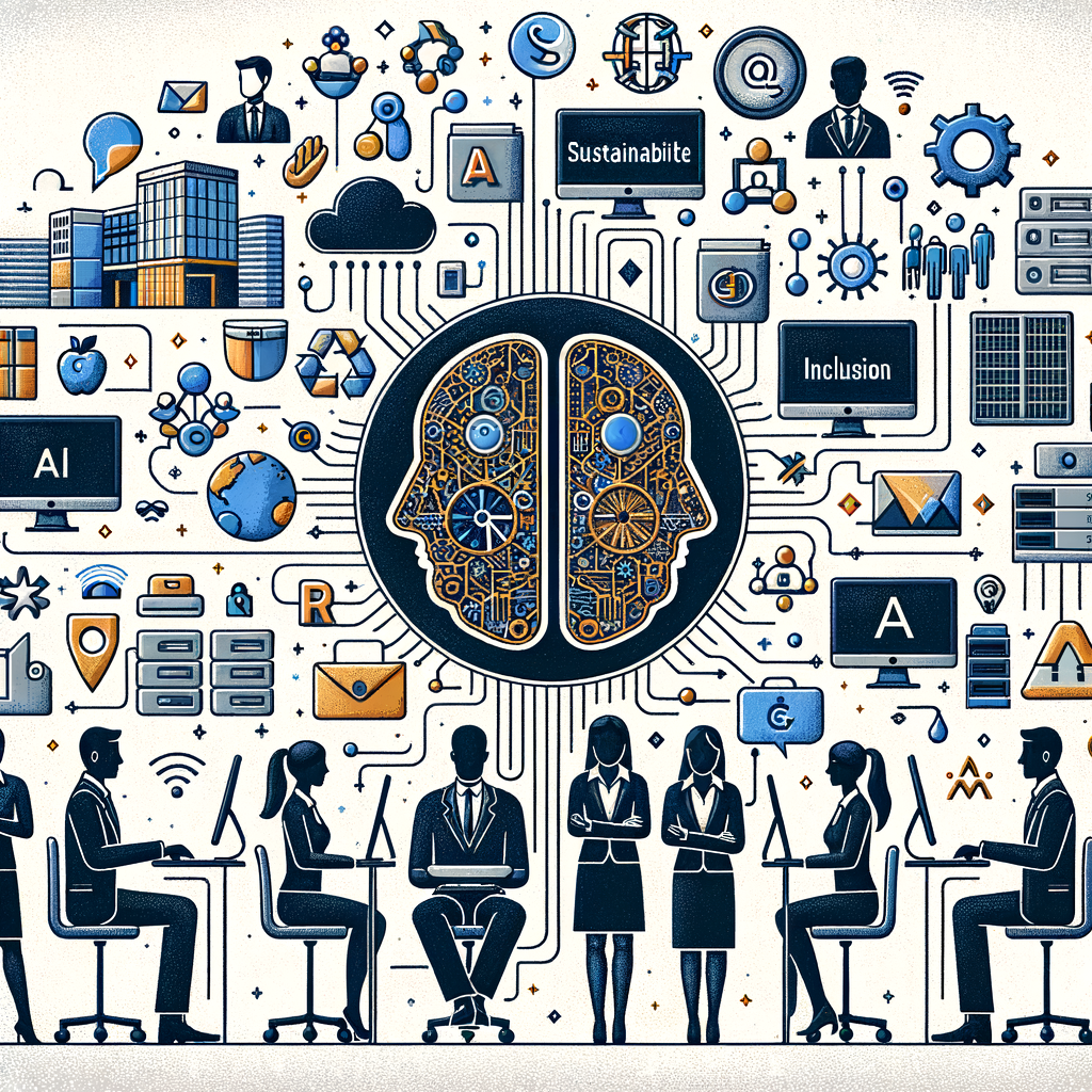 Create a flat, corporate-style vector illustration on a textured white background. Project a 2D linear perspective. The illustration should show the integration of DeepMind's AI technologies with Alphabet and Google products. Highlight sustainability and inclusion, represented by relevant icons. Incorporate the logo of a hypothetical AI research institute, which stands for the origin of the research, and the emblem of a hypothetical tech conglomerate along with an imaginary internet company to denote the products using these technologies. Also include computers and data centers to exhibit the practical application of these technologies. Display people of varied gender and descents, such as Caucasian female, Black male, Hispanic female, Middle-Eastern male, and South Asian female, engaging with the technology, epitomizing the impact on everyday life. Infuse icons that symbolize support for visually impaired individuals to communicate the idea of inclusivity.