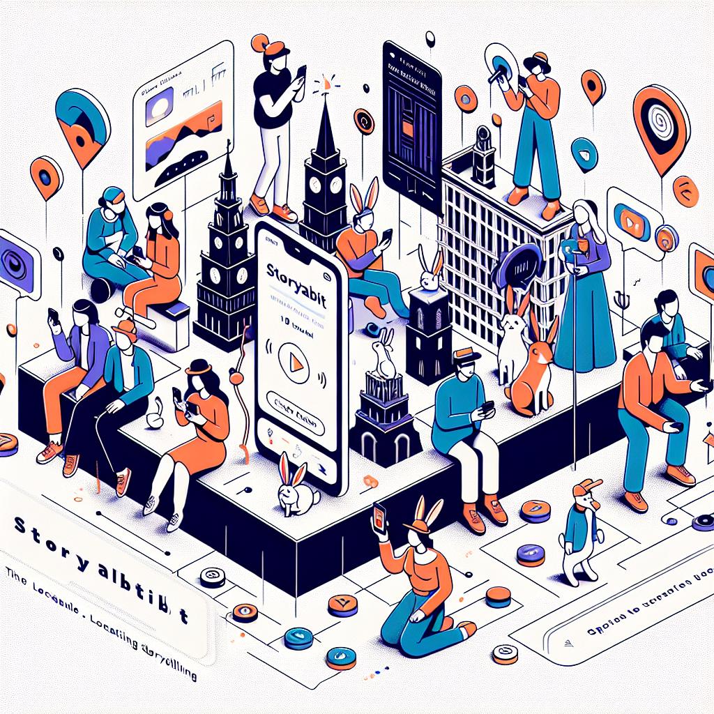 Create a 2D, vector-styled, corporate image with a touch of flat design, laid out in a linear perspective. The image captures the experience of users interacting with a new location-based storytelling app, Storyrabbit sponsored by ElevenLabs. These characters, diverse in gender and descent, are engulfed in a vibrant urban environment with notable historical landmarks. They hold smartphones, giving us a glimpse into their interaction with this advanced technology. Scattered around some characters are audio icons, symbolizing the application's unique feature of personalized storytelling. The background is plain white and textureless, allowing the aforementioned elements to boldly stand out.