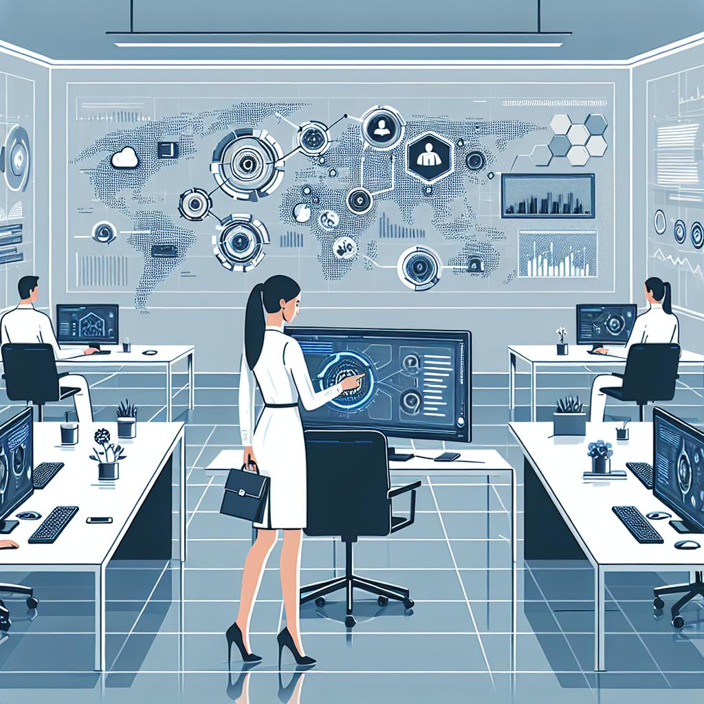 A flat, vector-style representation in a corporate theme set in 2D linear perspective. The scene portrays a digitally transformative environment driven by generative AI technology. The central figure is a professional marketing employee, of Middle-Eastern descent and female. She is engaging with advanced content-generation tools in a modern workspace. Around her are computer screens displaying cutting-edge technology and charts showcasing revenue growth. The screens also offer visual representation of high-quality generated videos and images. The background is of a clean, texturless white color. The modern setting reflects workplace innovation, and security icons interspersed throughout symbolize the implemented safety measures.