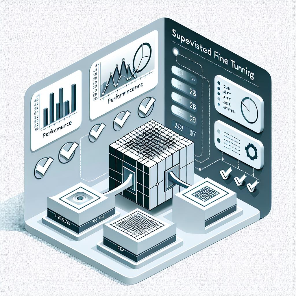A 2D, linear perspective image with a white and textureless background, styled in a flat and corporate vector-like technique. It depicts the process of Supervised Fine Tuning (SFT), represented by a working AI model. Performance charts are visible before and after the tuning process to illustrate the model's improvements. The significance of data quality is emphasized through the depiction of data representations, and checkmark icons are present, denoting best practices and steps in the process.