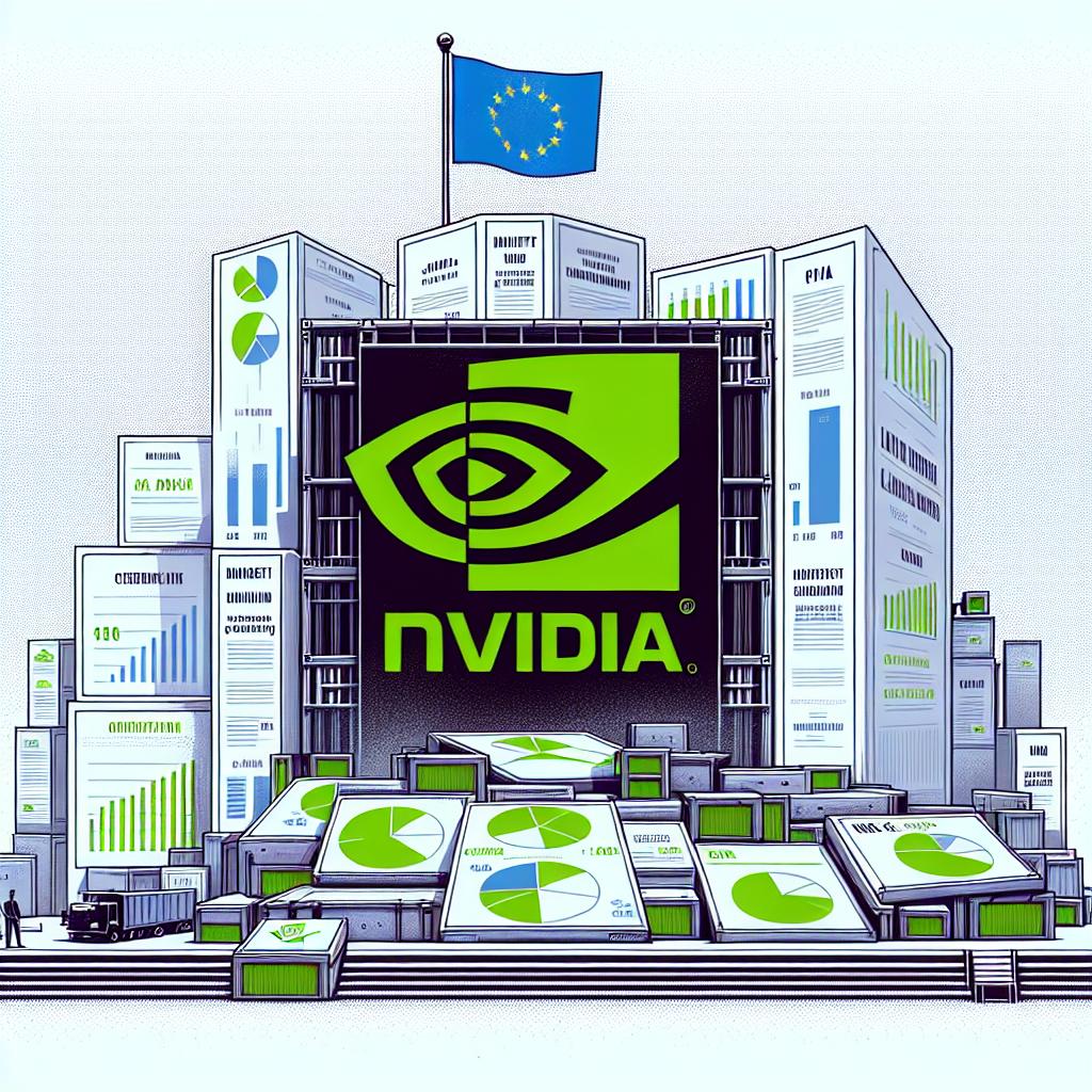 Create an illustration in a corporate, flat, vector style on a plain white textureless background. The main theme is the investigation by the European Commission into Nvidia's market practices. The image should be in a 2D linear perspective. Central to the scene should be a collection of market share graphs, depicting Nvidia's comparison to its competitors. Nvidia's logo should be prominent to emphasize it as the focal company being analyzed. Also include the flag of the European Union to represent the regulatory entity overseeing the investigation.