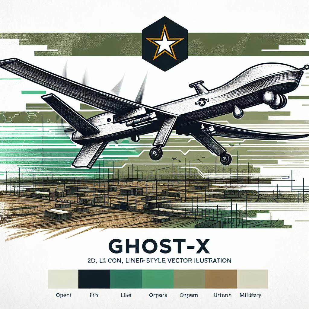 Create a 2D, line art, corporate-style vector illustration on a white and textureless background. Depict the Ghost-X drone, a model selected by the United States Army, flying across a battlefield that transitions from open fields to urban areas. This emphasizes the drone's adaptability and potential for military missions. Use military colors, primarily variations of green and grey. The drone should be depicted in a manner that visually demonstrates its model and capabilities.