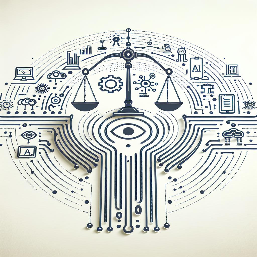 Generate a 2D, linear perspective, vector styled image set on a flat, untextured white background. The main theme is the future of artificial intelligence, symbolized by technology icons demonstrating innovation and development. There is a balance scale at the center, representing the dualism between innovation and regulation.  Additionally, add a winding path which denotes the uncertain journey of AI's future. Remember, the overall tone of the image should be corporate.