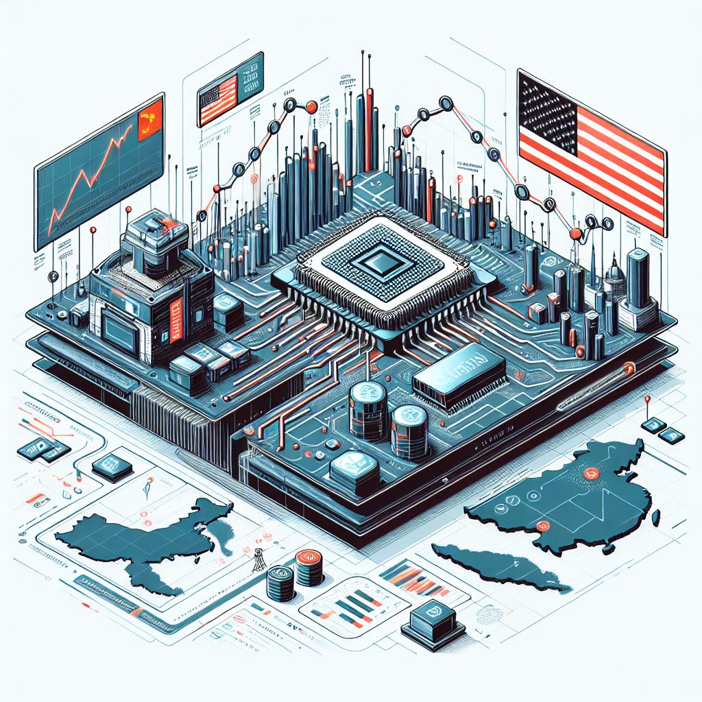 Create a 2D linear, vector, flat, and corporate-style image on a white and textureless background. The illustration shows the intense competition between the United States and China in the development of artificial intelligence chips, highlighting the advances by the company named 'Cambricon'. Additional elements to include are growth charts showcasing the stock value appreciation of Cambricon, symbols representing the innovation in AI, and a map of China, emphasizing the locations of major technological facilities.