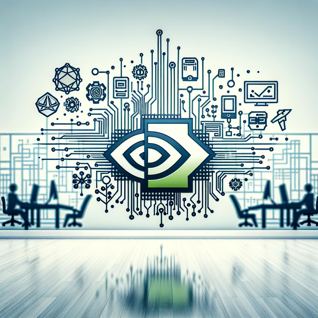 Create a 2D, linear perspective, flat and vector-style image on a seamless, white background. The image is a representation of a collaboration between two tech corporate entities, represented by two symbolically appropriate logos without directly identifying them. One logo has an aesthetic inspired by high-performance graphical processing technology (similar to Nvidia's visual identity), and the other symbolizes network systems with a bridge-like icon (akin to Cisco's brand image). The backdrop is a corporate setting represented by subtle allusions to an office or conference room. For added context, include technology-inspired icons that depict innovation and connectivity, such as neural network graphics to symbolize artificial intelligence and ethernet cables or WiFi signals for connectivity. Cover the lower part of the image with gradient shades of blue and green to infer technology and growth.