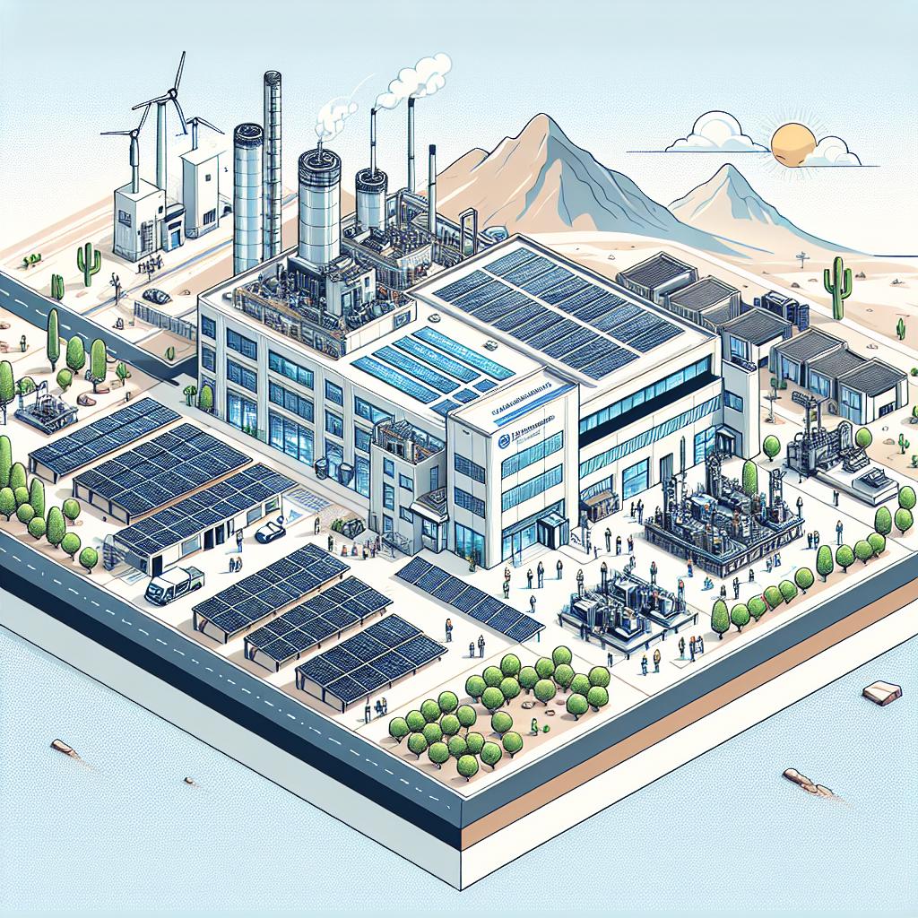 Illustrate a 2D, linear perspective image in a corporate flat vector style. The scene takes place in the Taiwan Semiconductor Manufacturing Co. factory in Phoenix, Arizona, against a textureless white background. The factory is highlighted with its advanced infrastructure, symbolising its commitment to renewable energy armed with solar panels. Inside the factory, there are diverse individuals at work, indicating a wide-ranging workforce. Display advanced manufacturing equipment demonstrating the high-tech methods used in chip production. Lastly, incorporate a desert landscape into the scene to emphasize the factory's unique location. Ensure that all elements project a corporate and advanced outlook.