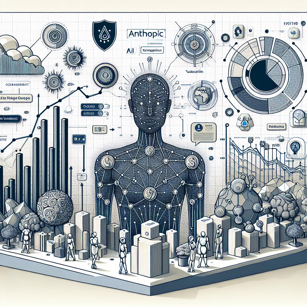 Create a 2D, linear perspective image featuring a corporate, vector, and flat style. The image's scene should depict the progression of Anthropic, a startup in the artificial intelligence sector. In the image, include growth charts illustrating the company's increase in valuation post-investment. Augment the scene with representations of AI products, symbolizing the innovative launches by Anthropic. Add logos of the investors, which include prominent tech companies. The backdrop of the image should be a textureless, white background.