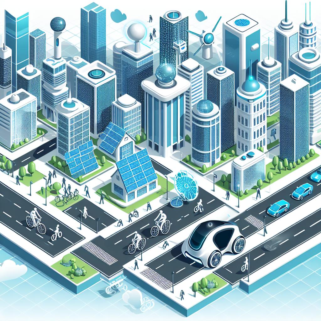Picture a futuristic view of a robotic car cruising through a modern city with visible AI components. Surrounding the car and spread throughout the city is a range of advanced, modern buildings enriched with solar panels on their roofs, symbolizing innovation and sustainability. Additionally, cyclists and pedestrians share the cityscape, enhancing the depiction of how autonomous cars will integrate with other modes of transportation. The scenery is lively and futuristic, further accentuated by a clean sky. The whole image should be pictured from a 2-dimensional linear perspective, using a vector-style flat corporate look on a white, texture-free background.