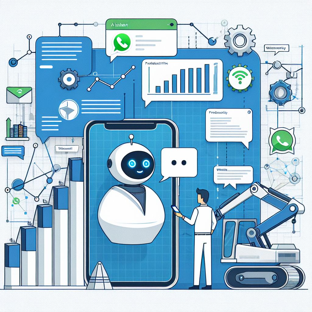 Illustrate a digital transformation happening in the construction industry. Capture a graphic representation of an AI assistant interacting with a user through WhatsApp, against a background of productivity and efficiency graphs. The scene should highlight the simplicity and accessibility of the system. Use a flat, vector-based, corporate style with a white and texture-less background. Use a 2D, linear perspective. You must include additional elements like technology icons to signify innovation, performance graphs to visually express improved effectiveness, and blue and green colors to symbolize technology and growth.