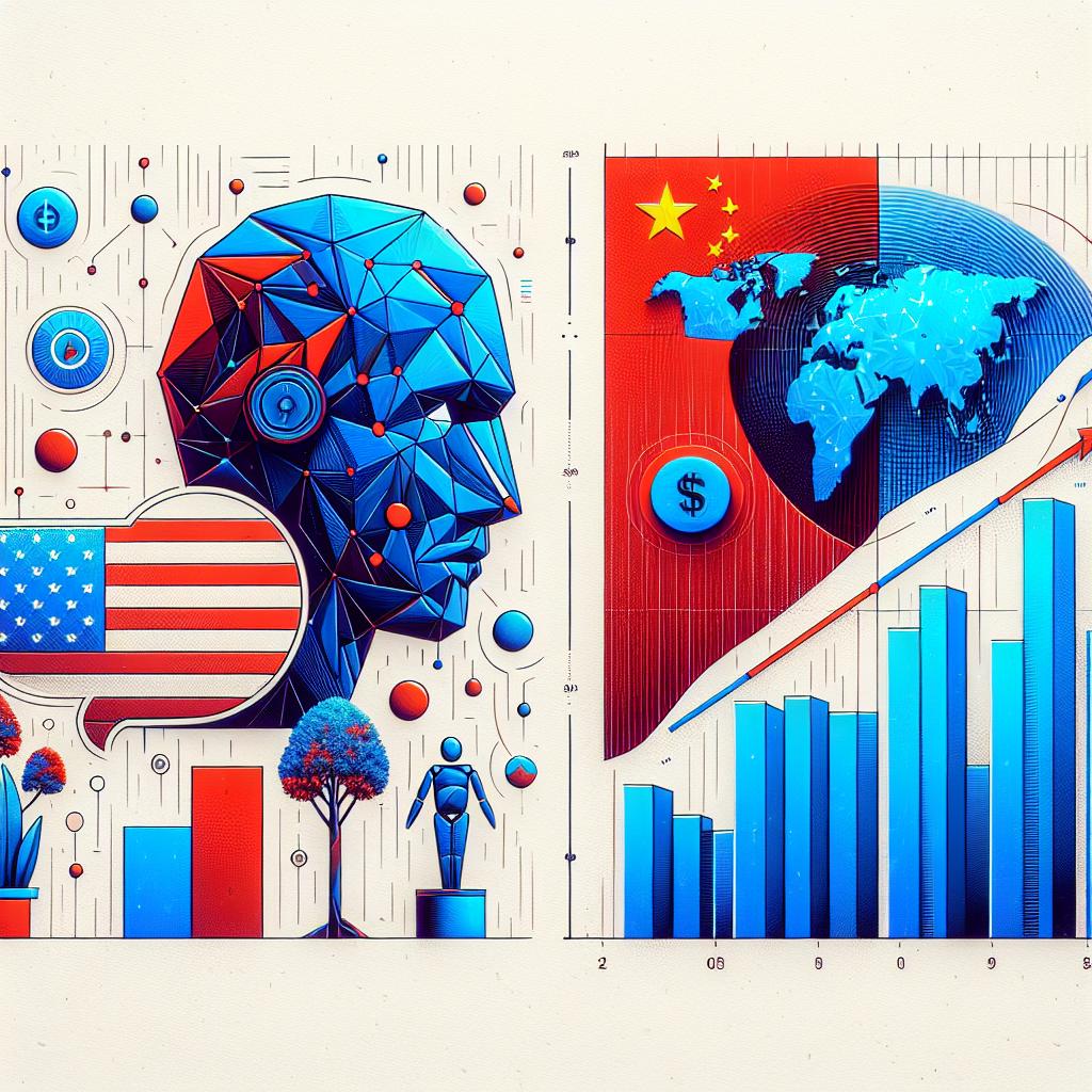 Create a 2D, vector, and corporate styled image set against a texture-less white background. Craft a global map with icons symbolizing the United States and China indicating the international AI competition. Portray a rising graph illustrating the expenses in AI, signifying the required investment for significant breakthroughs. Instead of actual portraiture, include an abstract, stylized figure to represent a co-founder of an AI company, reminiscent of Dario Amodei, and also represent the logo of an influential Chinese AI company, reminiscent of DeepSeek, to personify the narrative protagonists. Predominantly utilize blue and red colours, symbolizing the rivalry between the two powers.