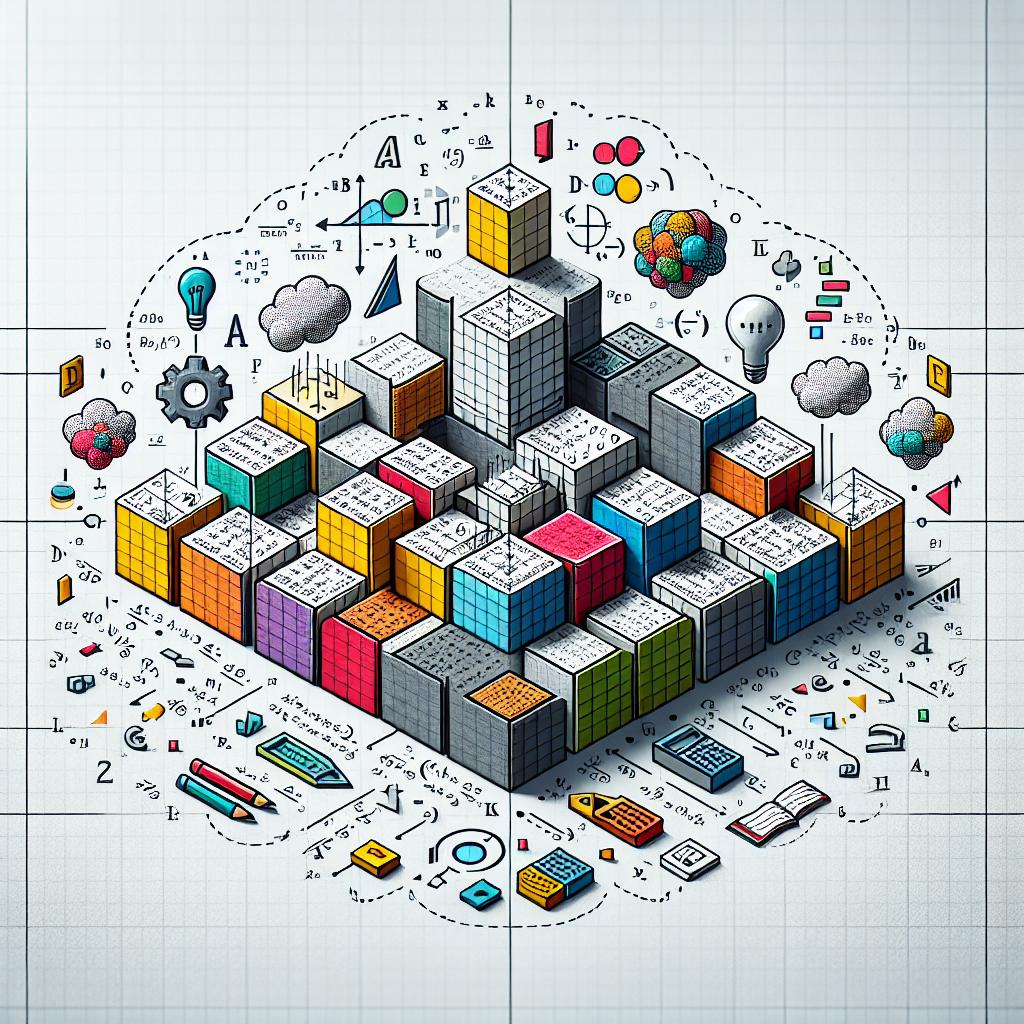 Create a 2D flat, corporate-style vector image. The backdrop is a soft white with a millimeter paper pattern symbolizing mathematics and the precision of calculations. There are colorful blocks demonstrating the steps that signify the complexity and variety of solutions. The blocks are populated with complex math equations signifying the essence of the challenges tackled in mathematical research. Integrated within the design are AI icons, representing the influence of technology in the field of mathematics. Additionally, the design includes thought clouds suggesting the creativity and innovation involved in research.