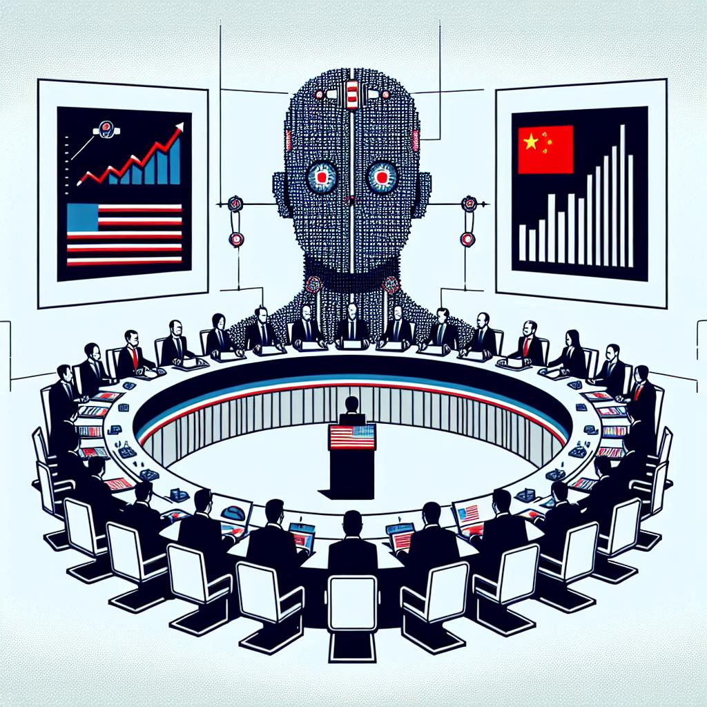 Depict a symbolic representation of a formal meeting, set in a 2D, linear perspective with a flat, corporate style which has origins way back before 1912. The setting is a plain, white, and textureless background. The meeting consists of delegates discussing primarily concerning artificial intelligence and the economy. The delegates of various descents, including Caucasian, Hispanic, Black, Middle-Eastern, and South Asian - with equal representation of each descent - should look professional, embodying the essence of a corporate assembly. Integrate growth charts which represent the economic goals and robots to symbolize artificial intelligence. Include Chinese flags to inject a sense of patriotism and culture, but devoid of any specific national symbol to maintain neutrality.