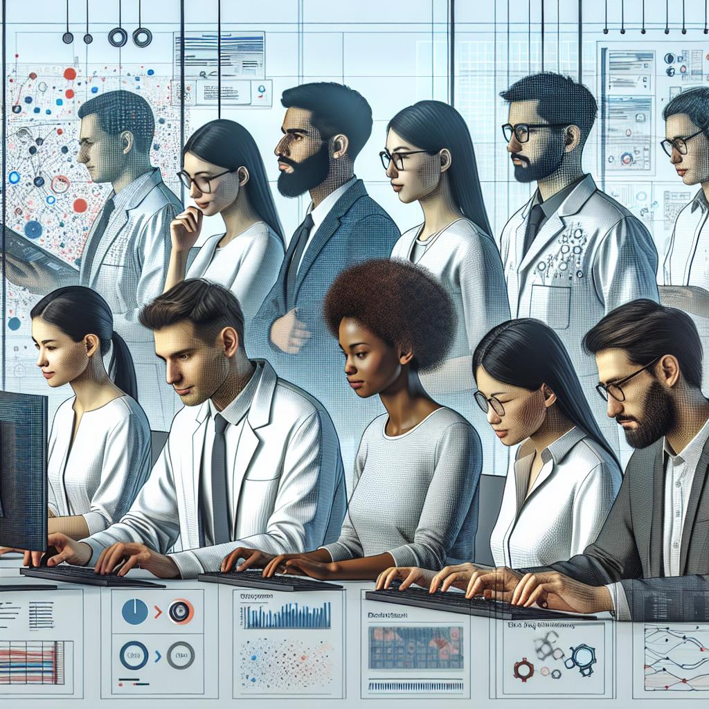 Portrait of a group of researchers, composed of a mix of genders and descents including Hispanic, Caucasian, Black, Middle-Eastern, and South Asian. They are situated in a modern, technologically advanced laboratory, surrounded by computers and graphics. They are deeply engrossed in their work on an artificial intelligence project that enables selective data 'forgetting'. The scene should be visually represented in a flat, corporative and vectorial style on a 2D linear perspective. The additional elements to include are computers signifying the AI technology at hand, charts symbolizing data analysis and outcomes, notes showcasing collaboration amongst researchers, a technological backdrop implying a cutting-edge research setting, and a soft light to create an ambiance of innovation and creativity. The image background should be white and textureless.