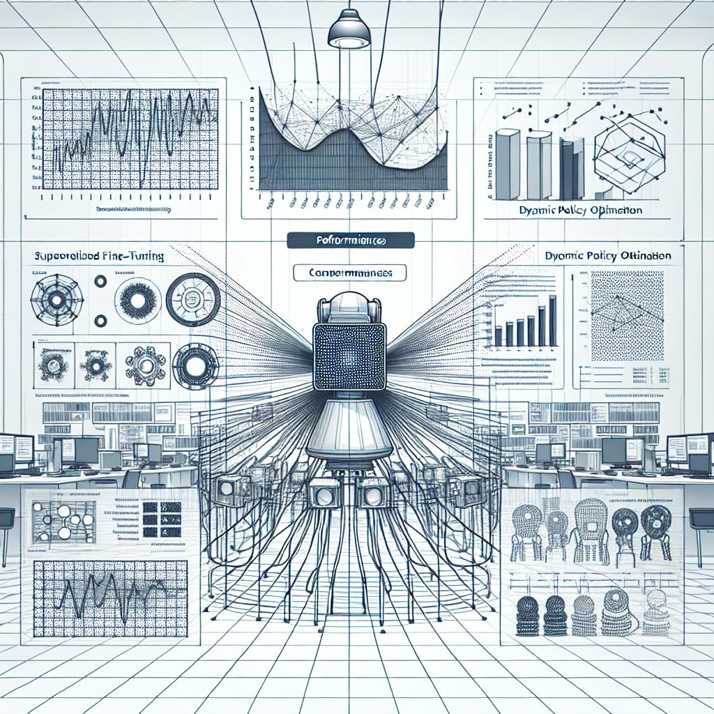 Envision a flat, corporate-style, vector illustration in a 2D linear perspective. The focus of the image is a stylized depiction of an Artificial Intelligence model in action, surrounded by graphical data and comparative tables representing different training techniques, such as Supervised fine-tuning (SFT), Dynamic Policy Optimization (DPO), and Reinforcement learning with Policy Optimization (RPO). Depict their performances in comparison, visually presenting the experimental results. In the background, it portrays an innovative research lab environment, symbolized by a modern, innovative lighting overhead. The background is white and devoid of texture.
