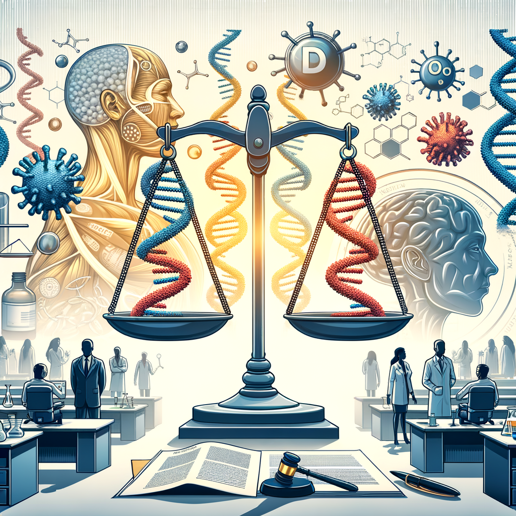 Create a corporate, vector-style, flat 2D illustration on a white, non-textured background. In the foreground, a justice scales symbolizing the legal struggle over patent disputes. In the background, imagery representing a lab setting with scientists of varying genders and descents working with DNA. Three-dimensional depictions of DNA cells represent the foundation of CRISPR technology. Silhouettes of scientists, embodying the central figures in the breakthrough of CRISPR. Patent documents scattered around to symbolize the focus on intellectual property.